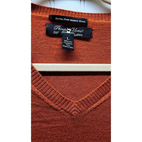 Mens Pronto Uomo Extra Fine Merino Wool V-Neck Sweater Rust Large - Picture 4 of 9